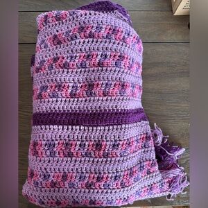 Vintage Handmade Crochet Afghan Blanket – Purple & Pink Stripes – 8’5” x 3’2”